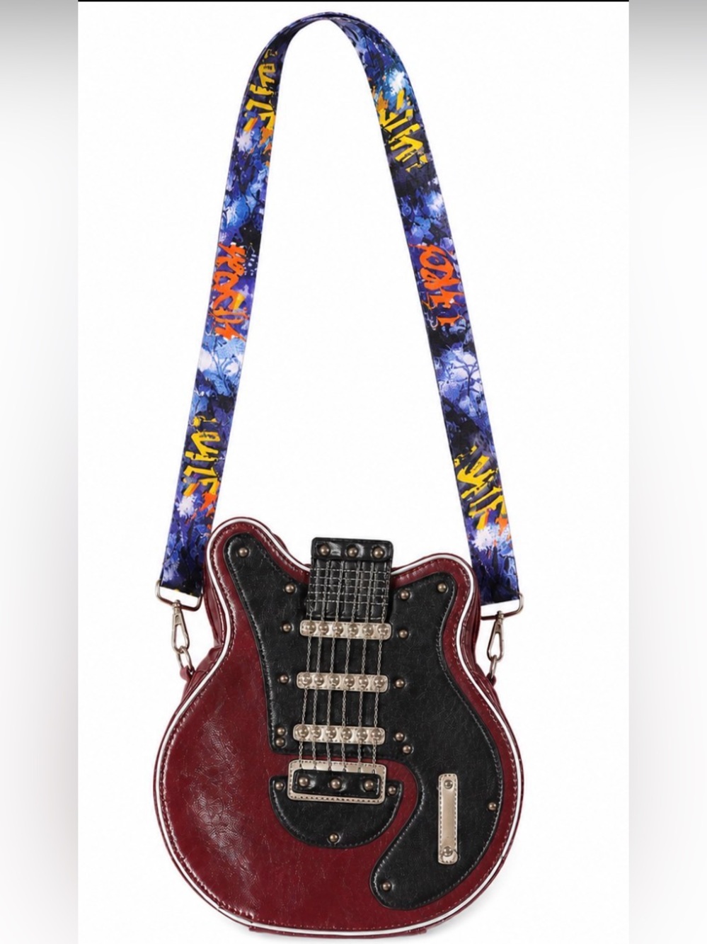 Guitar Shaped Crossbody Purse Rocker Burgundy Faux Leather Bag